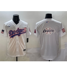 Men Los Angeles Dodgers Team Big Logo White With American Flag Patch Limited Stitched Baseball Jersey