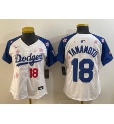 Women Los Angeles Dodgers 18 Yoshinobu Yamamoto White Royal 2025 Tokyo Series Limited Stitched Baseball Jersey