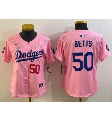 Women Los Angeles Dodgers 50 Mookie Betts Pink 2025 Tokyo Series Limited Stitched Baseball Jersey