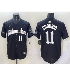 Men Milwaukee Brewers 11 Jackson Chourio Black  27Gothic 414 Shadows Edition 27 Vapor Premier Limited Stitched Jersey