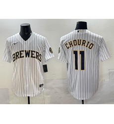 Men Milwaukee Brewers 11 Jackson Chourio White Pinstripe 2025 With Patch Stitched Baseball Jersey