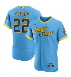 Men Milwaukee Brewers 22 Christian Yelich Powder Blue 2022 City Connect Flex Base Stitched MLB Jersey Men Milwaukee Brewers 22 Christian Yelich Powder Blue 2022 City Connect Flex Base Stitched MLB Jersey