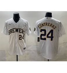 Men Milwaukee Brewers 24 William Contreras White Pinstripe 2025 With Patch Stitched Baseball Jersey