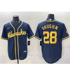 Men Milwaukee Brewers 28 Andrew Vaughn Navy 2025 With Patch Stitched Baseball Jersey Men Milwaukee Brewers 28 Andrew Vaughn Navy 2025 With Patch Stitched Baseball Jersey