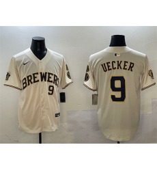Men Milwaukee Brewers 9 Bob Uecker Cream With Home Patch Limited Stitched Baseball Jersey