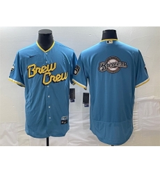 Men Milwaukee Brewers Powder Blue Team Big Logo City Connect Flex Base Stitched Jersey Men Milwaukee Brewers Powder Blue Team Big Logo City Connect Flex Base Stitched Jersey