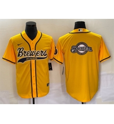 Men Milwaukee Brewers Yellow Team Big Logo Cool Base Stitched Jersey
