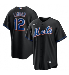 Men New York Mets 12 Francisco Lindor 2022 Black Cool Base Stitched Baseball Jersey Men New York Mets 12 Francisco Lindor 2022 Black Cool Base Stitched Baseball Jersey