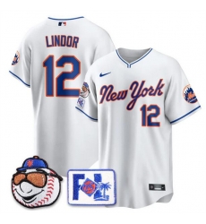 Men New York Mets 12 Francisco Lindor White 2025 Spring Training Stitched Baseball Jersey Men New York Mets 12 Francisco Lindor White 2025 Spring Training Stitched Baseball Jersey
