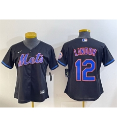 Women New York Mets 12 Francisco Lindor Black Cool Base Stitched Baseball Jersey