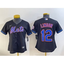 Youth New York Mets 12 Francisco Lindor Black Cool Base Stitched Baseball Jersey