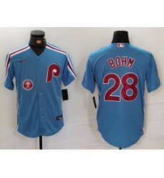 Men Philadelphia Phillies 28 Alec Bohm Blue Cool Base Stitched Jersey 1 Men Philadelphia Phillies 28 Alec Bohm Blue Cool Base Stitched Jersey 1