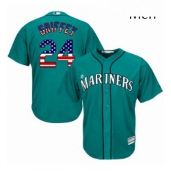 Mens Majestic Seattle Mariners 24 Ken Griffey Authentic Teal Green USA Flag Fashion MLB Jersey