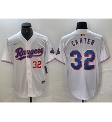 Men Texas Rangers 32 Evan Carter White Gold Cool Base Stitched Baseball Jersey III Men Texas Rangers 32 Evan Carter White Gold Cool Base Stitched Baseball Jersey III