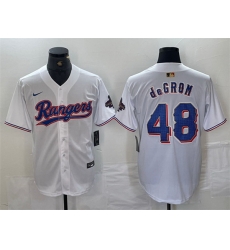 Men Texas Rangers 48 Jacob DeGrom White Gold Cool Base Stitched Baseball Jersey Men Texas Rangers 48 Jacob DeGrom White Gold Cool Base Stitched Baseball Jersey