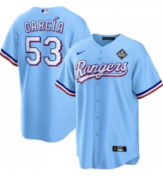Men Texas Rangers 53 Adolis Garc EDa Blue 2023 World Series Cool Base Stitched Baseball Jersey Men Texas Rangers 53 Adolis Garc EDa Blue 2023 World Series Cool Base Stitched Baseball Jersey