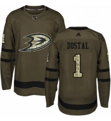 Mens Adidas Anaheim Ducks 1 Lukas Dostal Authentic Green Salute to Service NHL Jersey 
