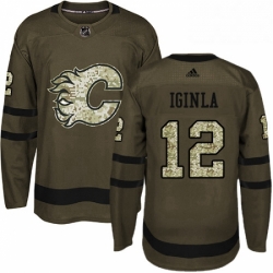 Mens Adidas Calgary Flames 12 Jarome Iginla Premier Green Salute to Service NHL Jersey 