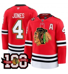 Men Chicago Blackhawks 4 Seth Jones Red 2025 Home 100th Anniversary With A Patch Stitched Hockey Jersey