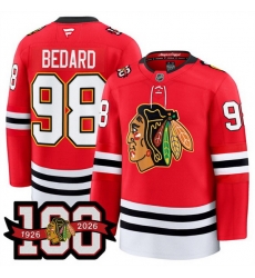 Men Chicago Blackhawks 98 Connor Bedard Red 2025 Home 100th Anniversary Stitched Hockey Jersey Men Chicago Blackhawks 98 Connor Bedard Red 2025 Home 100th Anniversary Stitched Hockey Jersey