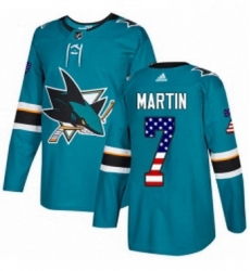 Mens Adidas San Jose Sharks 7 Paul Martin Authentic Teal Green USA Flag Fashion NHL Jersey Mens Adidas San Jose Sharks 7 Paul Martin Authentic Teal Green USA Flag Fashion NHL Jersey