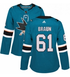 Womens Adidas San Jose Sharks 61 Justin Braun Premier Teal Green Home NHL Jersey Womens Adidas San Jose Sharks 61 Justin Braun Premier Teal Green Home NHL Jersey