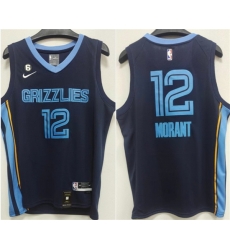 Men Memphis Grizzlies 12 Ja Morant Navy With NO 6 Patch Stitched Jersey Men Memphis Grizzlies 12 Ja Morant Navy With NO 6 Patch Stitched Jersey