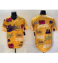 Men Los Angeles Lakers Team Big Logo Yellow Limited Stitched Baseball Jersey 1