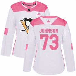 Womens Adidas Pittsburgh Penguins 73 Jack Johnson Authentic White Pink Fashion NHL Jersey 