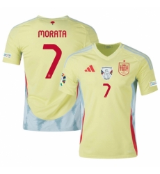 Men Spain Team 7 Alvaro Morata Yellow 2024 Away Soccer Jersey Men Spain Team 7 Alvaro Morata Yellow 2024 Away Soccer Jersey