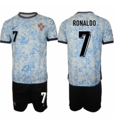Men Portugal Team 7 Ronaldo 2024 25 White Blue Away Soccer Jersey Suit