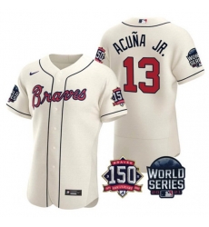 Men Atlanta Braves 13 Ronald Acuna Jr 2021 Cream World Series With 150th Anniversary Patch Stitched Baseball Jersey Men Atlanta Braves 13 Ronald Acuna Jr 2021 Cream World Series With 150th Anniversary Patch Stitched Baseball Jersey