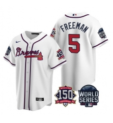Men Atlanta Braves 5 Freddie Freeman 2021 White World Series With 150th Anniversary Patch Cool Base Stitched Jersey Men Atlanta Braves 5 Freddie Freeman 2021 White World Series With 150th Anniversary Patch Cool Base Stitched Jersey