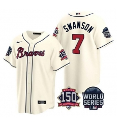 Men Atlanta Braves 7 Dansby Swanson 2021 Cream World Series With 150th Anniversary Patch Cool Base Stitched Jersey Men Atlanta Braves 7 Dansby Swanson 2021 Cream World Series With 150th Anniversary Patch Cool Base Stitched Jersey