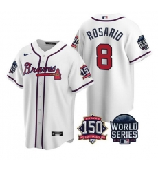 Men Atlanta Braves 8 Eddie Rosario 2021 White World Series With 150th Anniversary Patch Cool Base Stitched Jersey Men Atlanta Braves 8 Eddie Rosario 2021 White World Series With 150th Anniversary Patch Cool Base Stitched Jersey