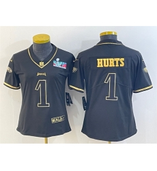 Women Philadelphia Eagles 1 Jalen Hurts Black Golden Edition Super Bowl LVII Patch Stitched Football Jersey Women Philadelphia Eagles 1 Jalen Hurts Black Golden Edition Super Bowl LVII Patch Stitched Football Jersey