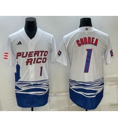 Mens Puerto Rico Baseball #1 Carlos Correa Number White 2023 World Baseball Classic Stitched Jersey Mens Puerto Rico Baseball #1 Carlos Correa Number White 2023 World Baseball Classic Stitched Jersey