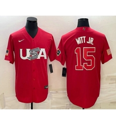 Men USA Baseball #15 Bobby Witt Jr 2023 Red World Baseball Classic Stitched Jersey Men USA Baseball #15 Bobby Witt Jr 2023 Red World Baseball Classic Stitched Jersey