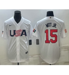 Men's USA Baseball #15 Bobby Witt Jr Number 2023 White World Baseball Classic Replica Stitched Jersey2 Men's USA Baseball #15 Bobby Witt Jr Number 2023 White World Baseball Classic Replica Stitched Jersey2