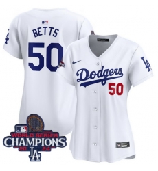 Women Nike Los Angeles Dodgers Mookie Betts #50 White Flex Base 2024 World Series Champions Stitched MLB Jersey Women Nike Los Angeles Dodgers Mookie Betts #50 White Flex Base 2024 World Series Champions Stitched MLB Jersey