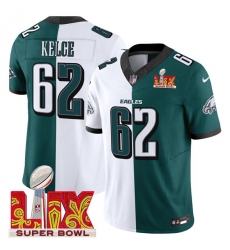 Men Philadelphia Eagles 62 Jason Kelce White Green Split 2025 Super Bowl LIX Patch F U S E Vapor Untouchable Limited Stitched Football Jersey Men Philadelphia Eagles 62 Jason Kelce White Green Split 2025 Super Bowl LIX Patch F U S E Vapor Untouchable Limited Stitched Football Jersey
