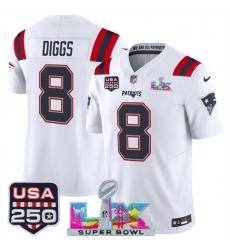 Youth New England Patriots 8 Stefon Diggs White 2025 F U S E  Super Bowl LX  USA 250 Patch Vapor Limited Stitched Football Jersey