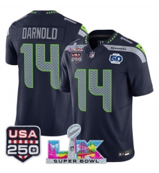 Men Seattle Seahawks 14 Sam Darnold Navy 2025 F U S E  Super Bowl LX Patch And 50th Season  USA 250 Patch Vapor Throwback Limited Stitched Football Jersey