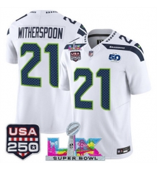 Men Seattle Seahawks 21 Devon Witherspoon White 2025 F U S E  Super Bowl LX Patch And 50th Season  USA 250 Patch Vapor Limited Football Stitched Jersey