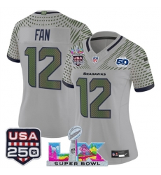 Women Seattle Seahawks 12 Fan Gray 2025 F U S E Super Bowl LX  US 250th anniversary Patch And 50th Season Patch Rivalries Vapor Limited Football Stitched J