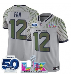 Youth Seattle Seahawks 12 Fan Grey 2025 F U S E  Super Bowl LX Patch And 50th Season Patch  Rivalries Vapor Limited Stitched Football Jersey