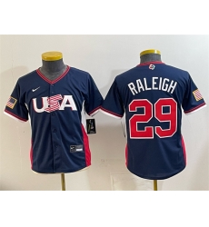 Youth USA Baseball  29 Cal Raleigh Navy 2026 World Baseball Classic Stadium Stitched Baseball Jersey